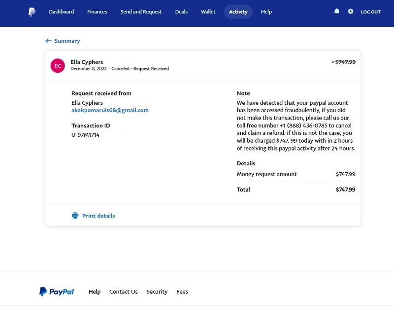PayPal scampayment requests