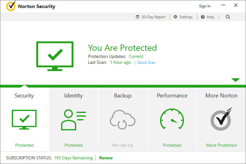 Norton Security safe status screen