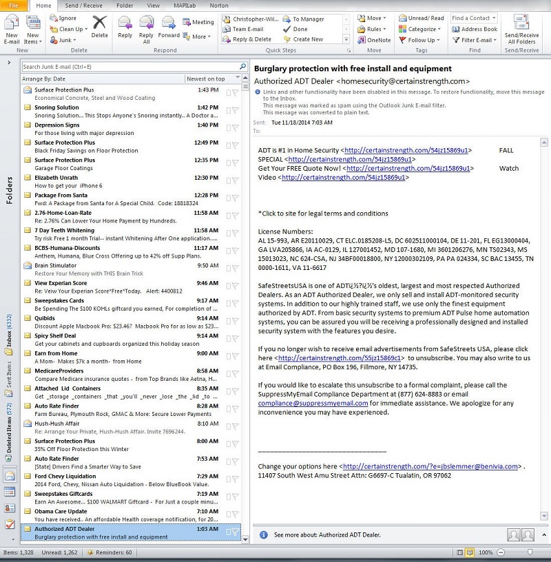Examples of an Outlook Inbox full of spam