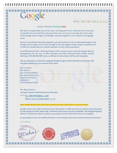 Google Reward Prize Scam