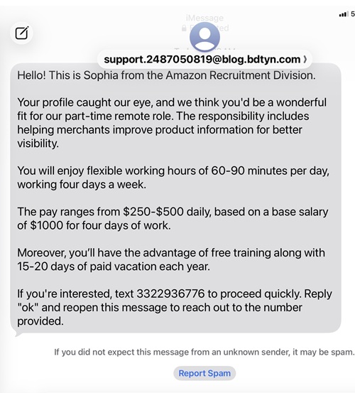 Amazon recruiting job scam text message